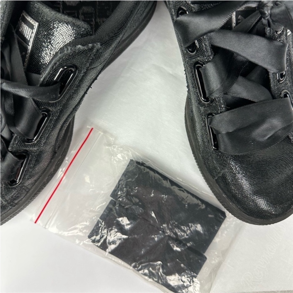 Puma Basket Heart Black Sneakers Sz 8 Women Satin Ribbon Lace Classic‎ - Picture 6 of 7